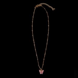 Pink Enamel Butterfly on Gold Link Chain 18 inches